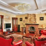 The living room in golden and red colors